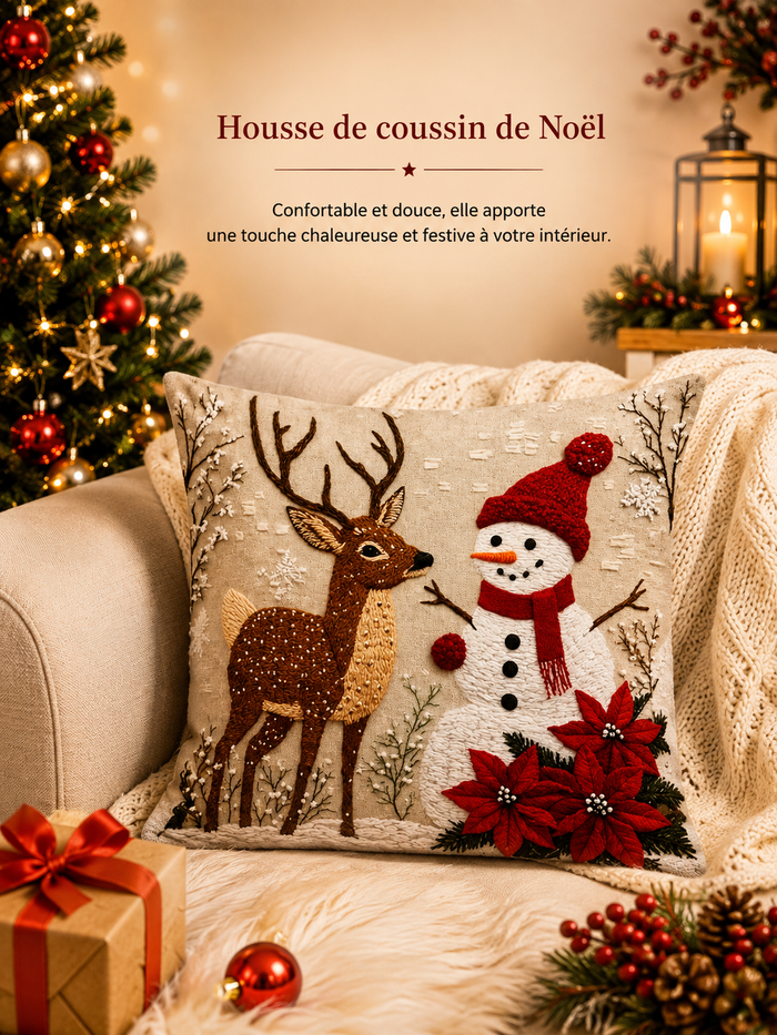 Housse de Coussin de Noël - Renne, Père Noël & Bonhomme de Neige (45x45cm)