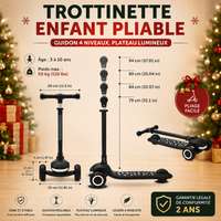 Trottinette Enfant Pliable - Guidon 4 Niveaux, Plateau Lumineux (3-10 ans)