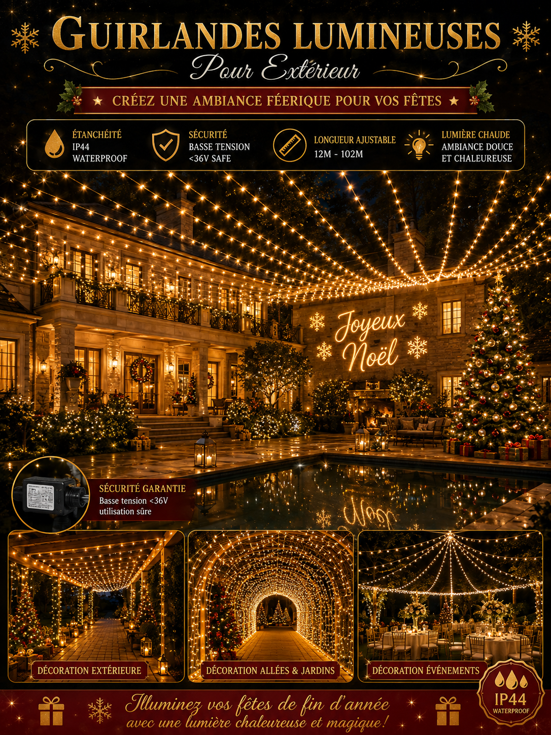 Guirlande Lumineuse Extérieure Étanche - Sapin & Façade (12m à 102m)