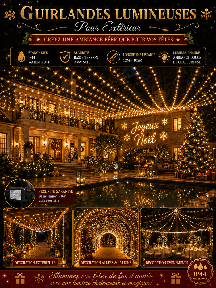 Guirlande Lumineuse Extérieure Étanche - Sapin & Façade (12m à 102m)