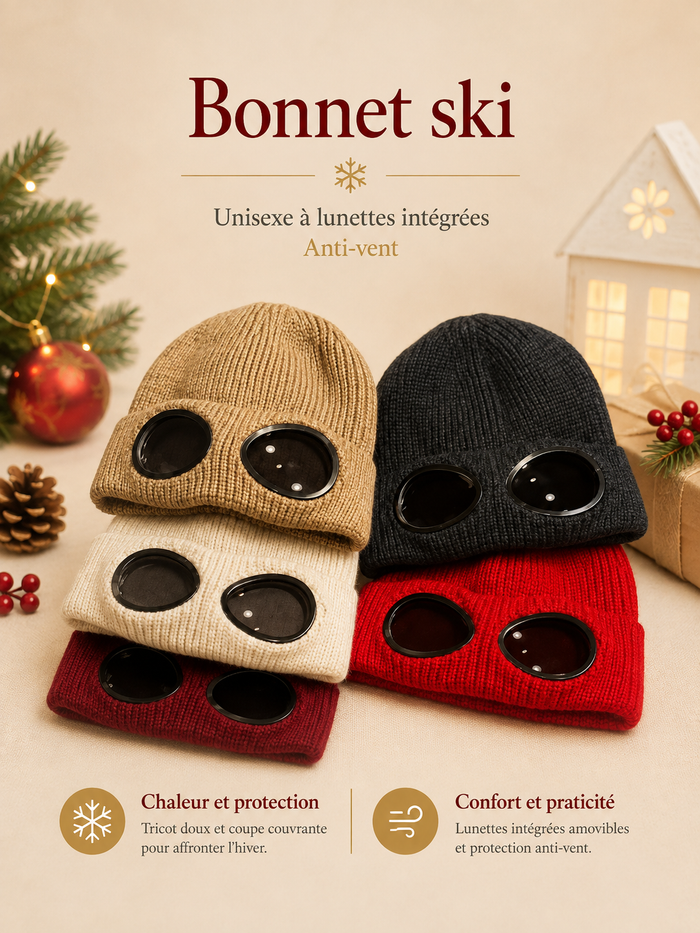 Bonnet Ski Unisexe à Lunettes Intégrées - Anti-Vent